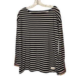 Talbots size Medium Top Pullover Navy White striped rainbow color sleeve hem